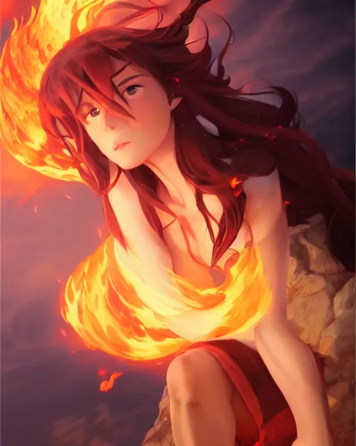 Prompt: the goddess of fire, spunk and intense beauty, full shot, atmospheric lighting, detailed face, by makoto shinkai, stanley artgerm lau, wlop, rossdraws