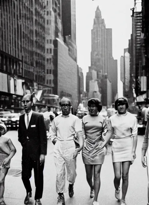 Prompt: a 35mm photograph of a group of aliens walking down the street in New York City in the 1960's, bokeh, Canon 50mm, cinematic lighting, photography, retro, film, Kodachrome