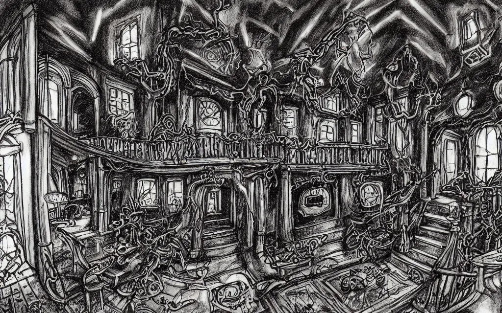 Image similar to haloween lovecraftian mansion interior epic, drawn by pete amachree