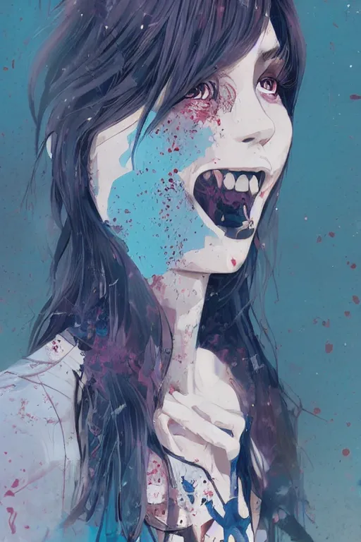 Image similar to urban school zombie girl in tattered clothes fanart, dark blue long hair, muted colors, matte print, pastel colors, ornate, digital art, cute smile, digital painting, fan art, elegant, pixiv, by Ilya Kuvshinov, by Studio Ghibli