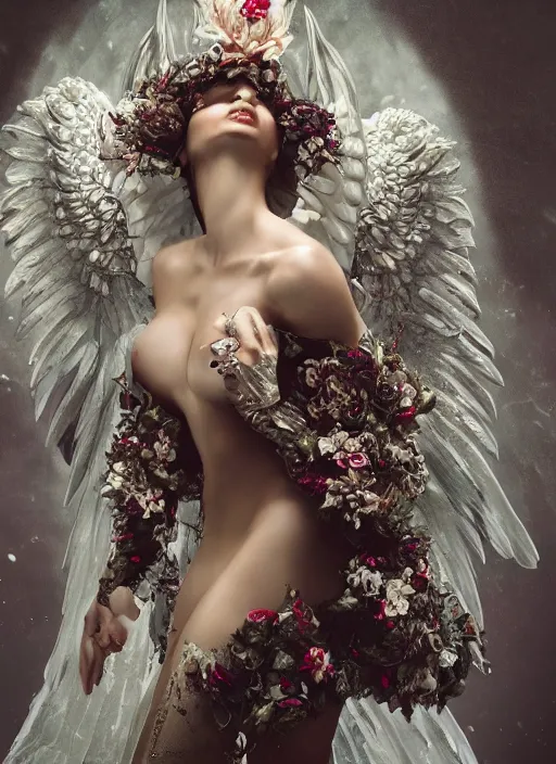 Image similar to expressive full body photo of a female model as beautiful angel, ornate headpiece made from flowers, ornaments, glamour shot, by karol bak, by stefan gesell, octane render, unreal engine, photorealistic, canon r 3, fashion photography, studio shot, environmental portrait, dark fantasy, dark beauty, magazine