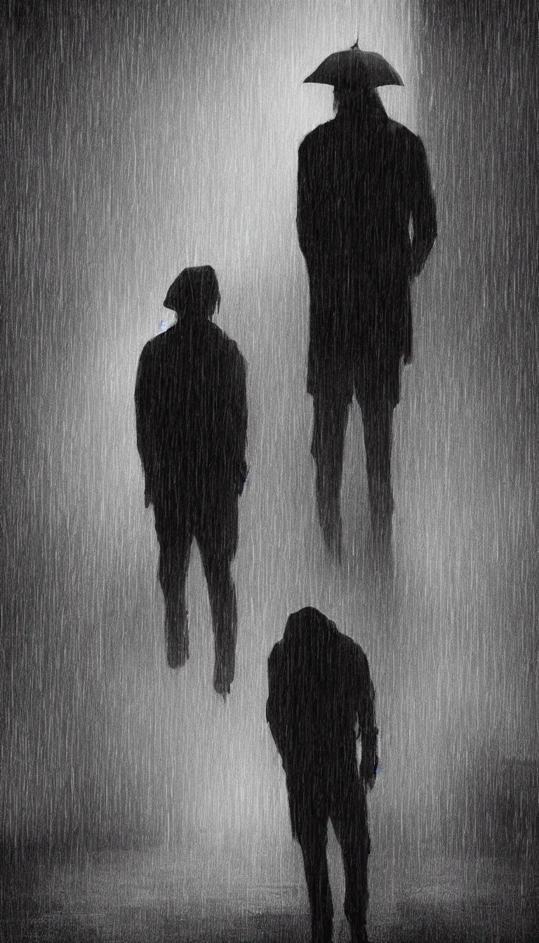 Prompt: digital artwork of a singular man standing in the rain solemnly, contemplating life and thereafter, by Max Hay, dark-esque, dark lighting, trending on artstation, 8k resolution, photorealistic resolution, photorealistic details, very detailed intricate details