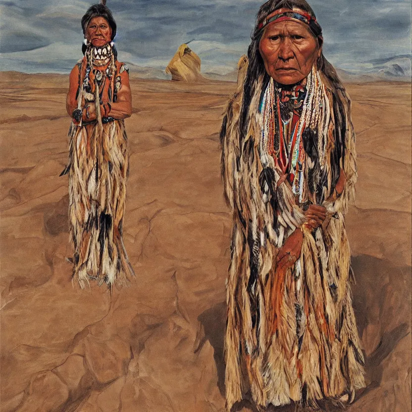 Image similar to full body shot picture of indigenous people woman leader in desert, painted by lucian freud, hd, super detailed, realistic, muted colors