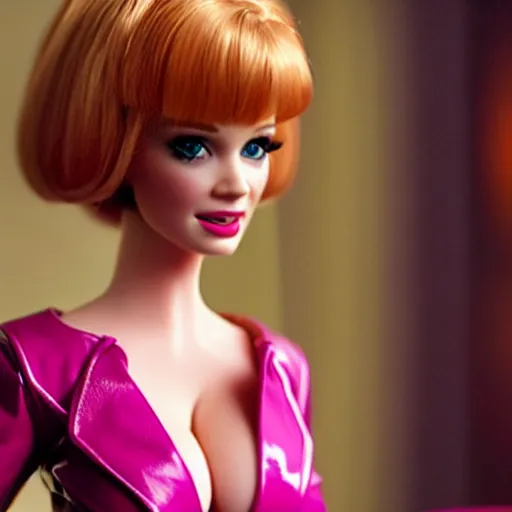 Image similar to amazing beautiful Christina Hendricks barbie doll wearing leather in the living room, film still from the movie directed by Denis Villeneuve , wide lens