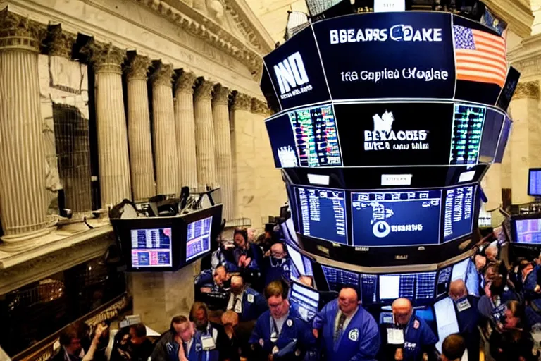 Image similar to bears screaming on the floor of the NYSE as the markets rally to all-time-highs, high definition color photograph