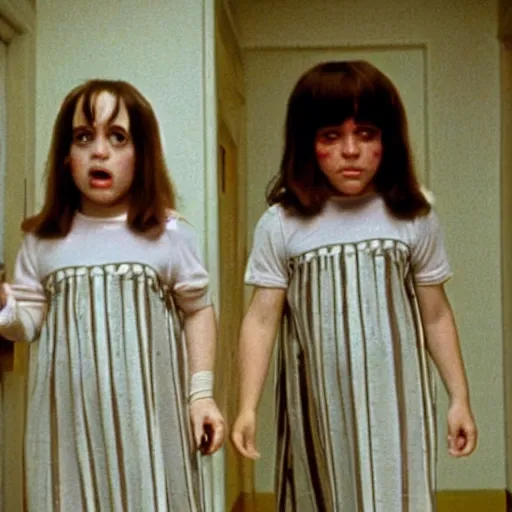 Prompt: A still of Danny Devito as the twins in The Shining (1980)