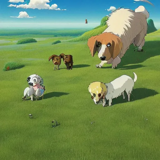 Prompt: grid on 4 dogs on green landscape by hayao miyazaki, studio ghibli and gediminas pranckevicius, very high detail