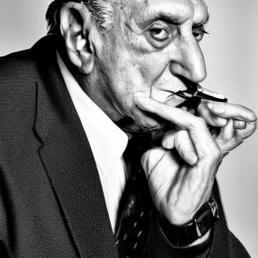 Image similar to beautiful professional black and white portrait photograph of lino ventura smoking, hyperrealistic, studio lighting, stunning, 4 k