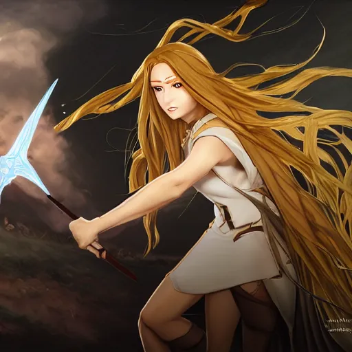 Image similar to archer girl fight mage, anime style, long hair, hair down, symmetrical facial features, from arknights, modern clothes, hyper realistic, pale skin, 4k, rule of thirds, extreme detail, detailed drawing, trending artstation, hd, fantasy, D&D, realistic lighting, by Alphonse Mucha, Greg Rutkowski, sharp focus, backlit