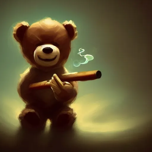 Image similar to cute little anthropomorphic Teddy Bear smoking a cigar, cover art, ultra wide lens shot , tiny, small, short, cute and adorable, pretty, beautiful, DnD character art portrait, matte fantasy painting, DeviantArt Artstation, by Jason Felix by Steve Argyle by Tyler Jacobson by Peter Mohrbacher, cinematic lighting