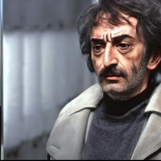 Image similar to a man reflect on robot face, movie still, By Andrzej Zulawski