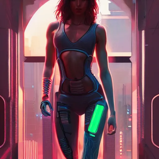 Image similar to an athletic humanoid girl, cyberpunk 2070, synthwave, highly detailed, digital painting, artstation, concept art, sharp focus, illustration, art by artgerm and greg rutkowski and alphonse mucha