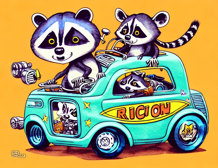 Prompt: cute and funny, racoon riding in a tiny hot rod with oversized engine, ratfink style by ed roth, centered award winning watercolor pen illustration, isometric illustration by chihiro iwasaki, edited by range murata, tiny details by artgerm and watercolor girl, symmetrically isometrically centered