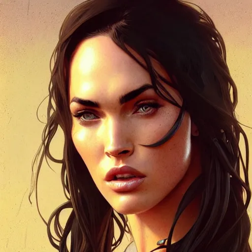 Prompt: Megan Fox , highly detailed, digital painting, artstation, concept art, sharp focus, illustration, art by greg rutkowski and alphonse mucha