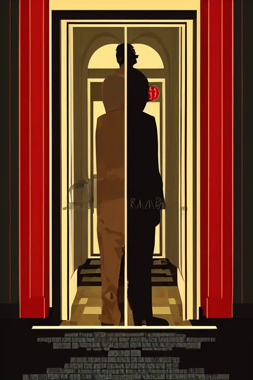 Image similar to a movie poster for the film the shining featuring a prominent portrait of jack nicholson and a stylised elevator in the style of wes anderson.