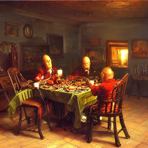 Prompt: 4 shoggoths eat dinner around a dinner table Americana Thomas Kincade