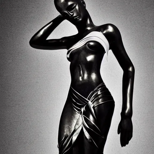 Image similar to extremely beautiful female black marble statue in the style of virgil abloh, colorful motocross logos behind her, sharp focus, clear, detailed,, cinematic, detailed, off white, glamourous, symmetrical, vogue, editorial, fashion, magazine shoot, glossy