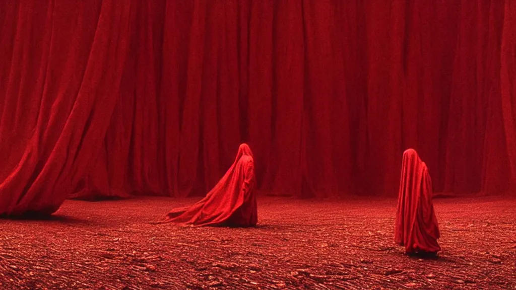 Prompt: a strange creature pushes up from underneath a sea of red cloth, film still from the movie directed by Denis Villeneuve with art direction by Zdzisław Beksiński, wide lens