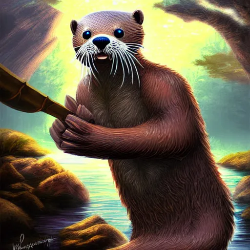 Image similar to furry otter warrior, fantasy art, lightweight armour, near the river, waterfall, digital art, high quality