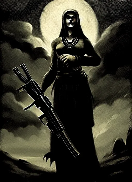 Prompt: marana slavic goddess with ak - 4 7 in six arms in traditional slavic clothes : by anato finnstark kvlt by peder balke by peder balke by greg rutkowski, mystic high contrast monochromatic noir