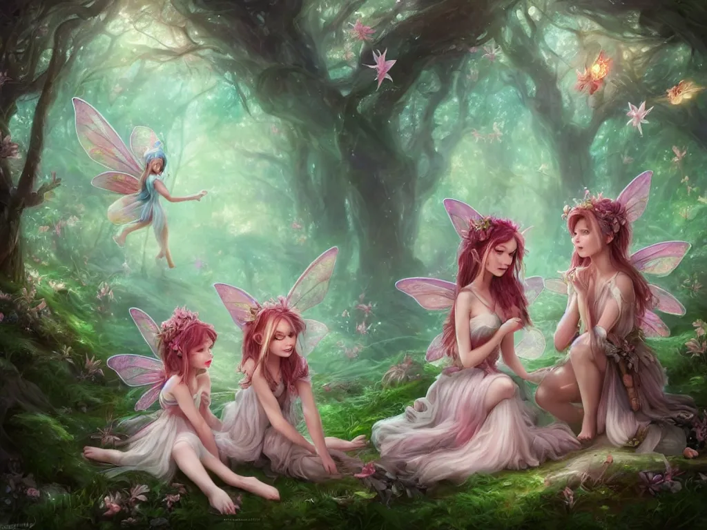 Image similar to two cute fairy in the dreamy forest, fantasy, dreamlike, 8 k resolution, hyper detailed, d & d, character design, digital painting, trending on artstation, sharp focus, illustration, art by artgerm, viktoria gavrilenko, hoang lap, fuji choko, steve zheng