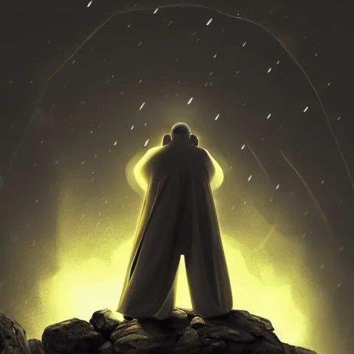 Image similar to A terrified catholic priest in his twenties kneeled in fervent prayer at the summit of a medieval tower. Looking up with eyes wide open with fear, looking straight at the viewer. Dressed in white. An ominous yellow shadow is descending upon him from the night sky. Award-winning digital art, trending on ArtStation