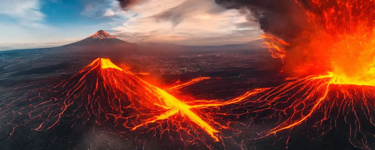 Prompt: an aerial view of an erupting volcano, sunset, no clouds, snowy mountain, lava going down the mountain, a near big city, intense black smoke, dramatic style, hyper realistic professional photo
