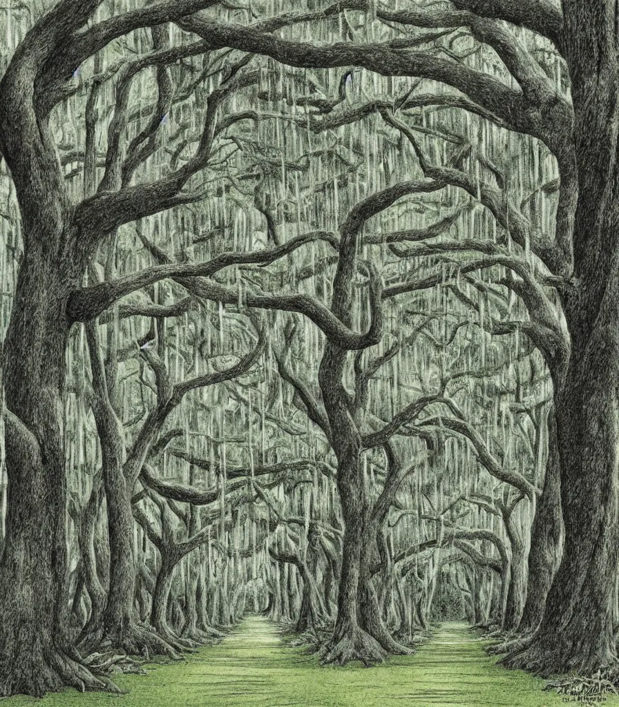 Prompt: southern plantation lane of trees hanging moss abandoned single point perspective illustration by maurice sendak