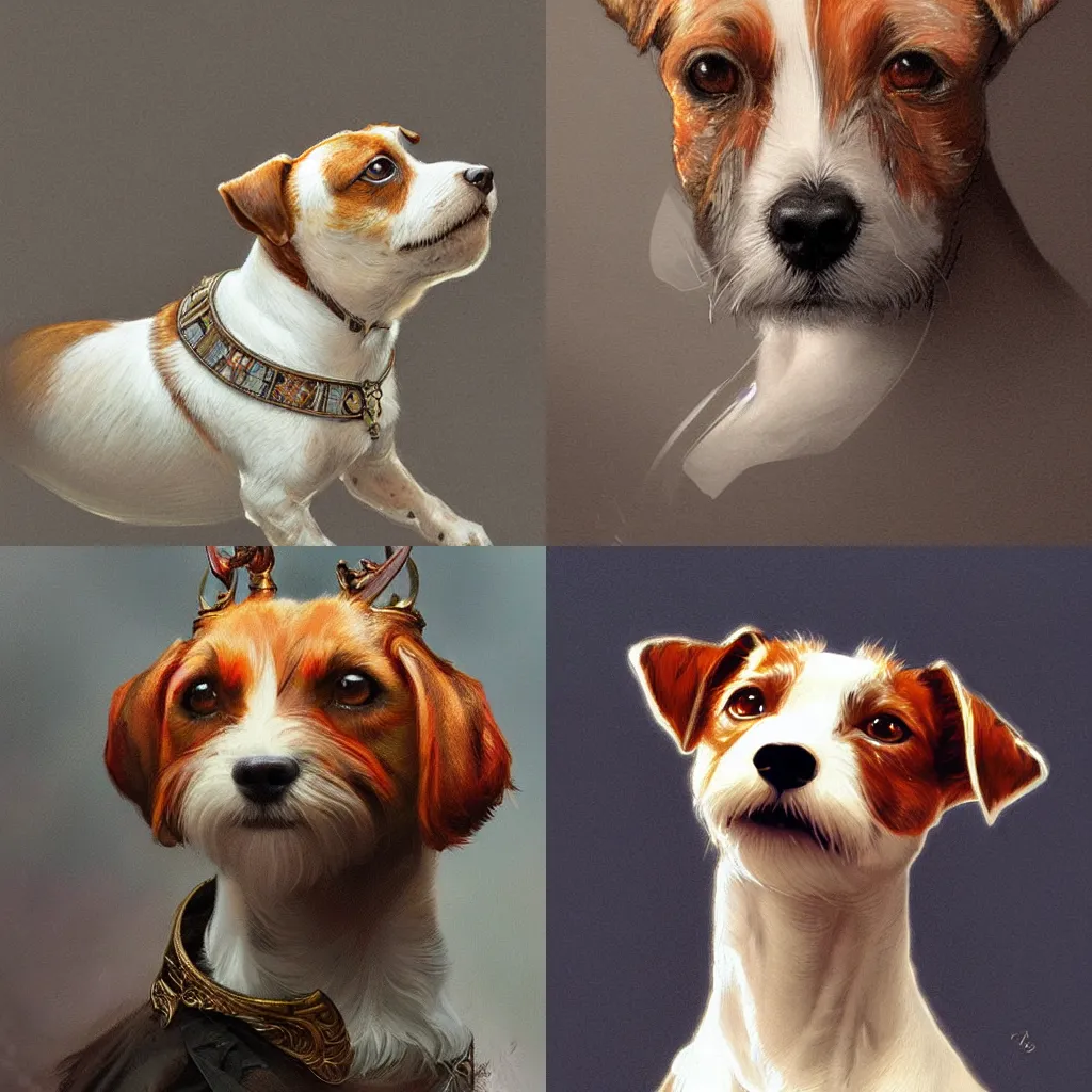 Prompt: portrait of a Jack Russell Terrier, fantasy, intricate, elegant, highly detailed, digital painting, artstation, concept art, smooth, sharp focus, illustration, art by artgerm and greg rutkowski and alphonse mucha