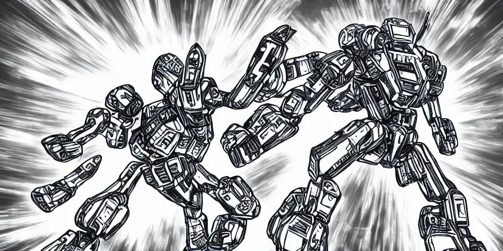 Image similar to a simple black and white pencil storyboard of a giant humanoid athletic sleek futuristic humanoid robot mech powering up as small floating particles swirl around it, lines of energy, going supersaiyan