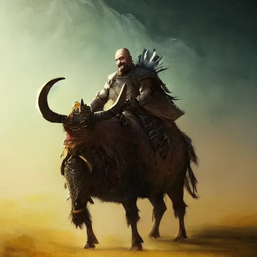 Image similar to Walter white as a dark fantasy warrior riding an armored yak, made by Greg Rutkowski