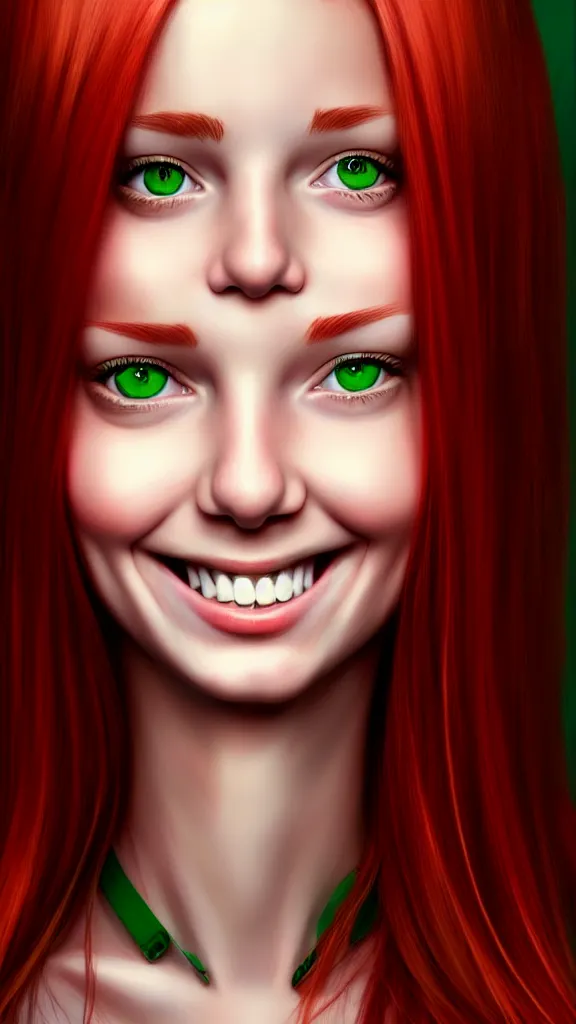 Image similar to a fantastic portrait photograph of a smiling girl with red hair and green eyes, symmetrical face, artstation, deviantart, hyperrealism