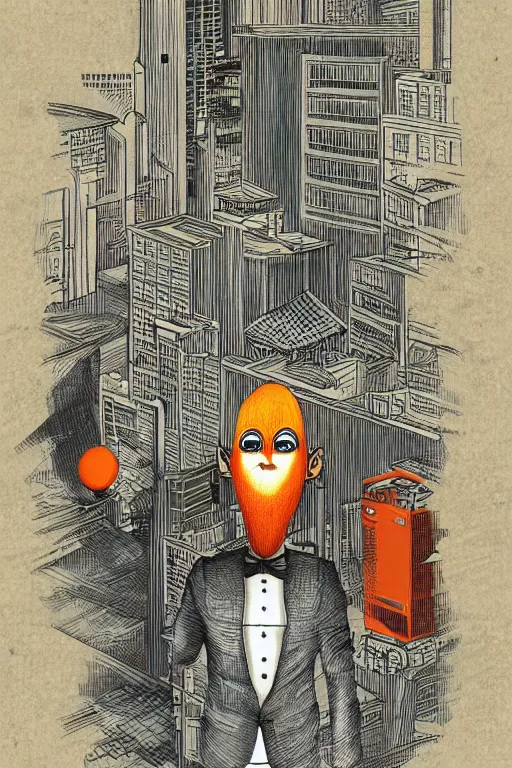 Prompt: tatsuki fujimoto illustration of an orange-headed businessman, creepy face, cyberpunk city