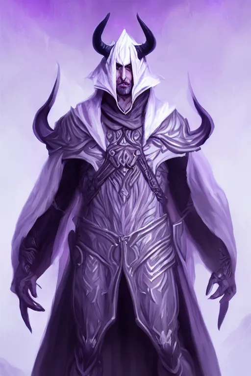 Prompt: man male demon, full body white purple cloak, warlock, character concept art, black eyes, white horns, trending on artstation, Artgerm , WLOP