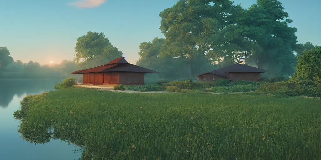 Prompt: a serene landscape with singular building near a lake with lotus at sunrise, pixar style, ghibli studio anime style, 8 k, hdr, octane render, unreal