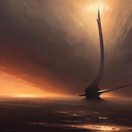 Image similar to concept art of a large space vessel in the shape of an spear by greg rutkowski