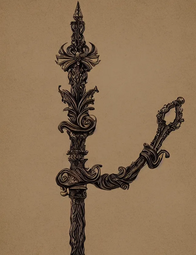 Image similar to medium shot of an ornate wooden staff, fantasy illustration, medieval era, blank background, studio lighting, hand - drawn digital art