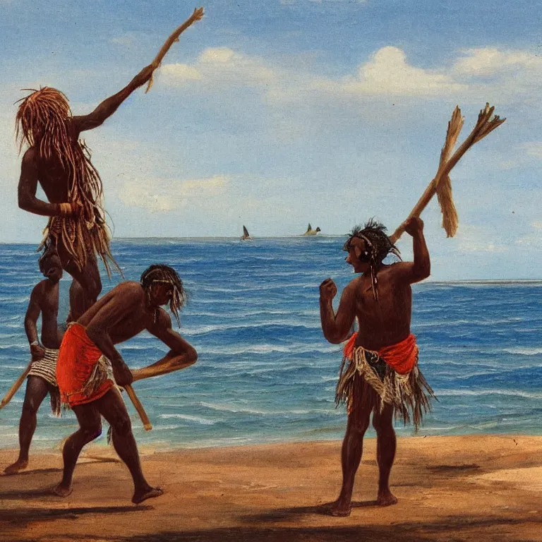 Prompt: An aborigine on the shoreline from Australia trading with a English settlers coming off a tri-hull wooden ship, the settlers are wearing multicolour clothes, the ocean horizon is in the distance,