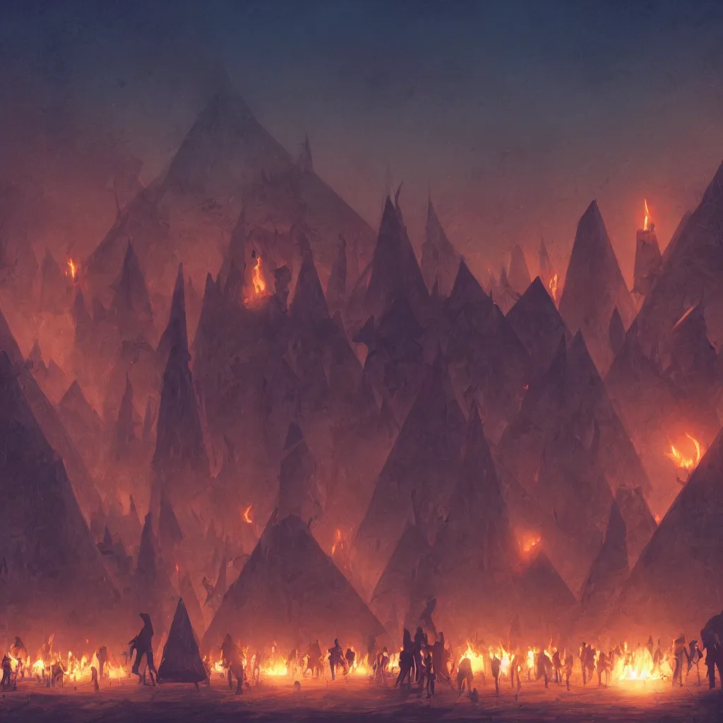 Prompt: illustration of a small group of dark figures weakly illuminated by torches in a mysterious ritual among futuristic pyramids at night, crescent moon shining above, concept art, artstation