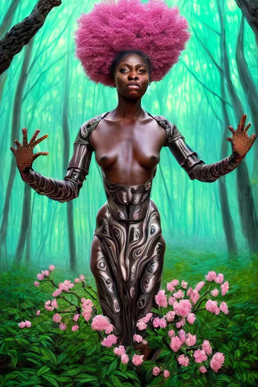 Image similar to hyperrealistic post - renaissance masterpiece super expressive! yoruba goddess with exoskeleton armor, merging with tree in a forest, pink flowers, highly detailed digital art cinematic, smooth cam de leon eric zener dramatic pearlescent soft teal light, ground angle hd 8 k, sharp focus