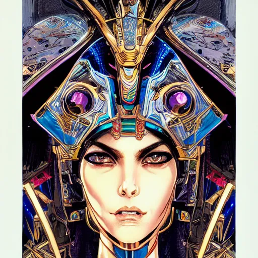 Image similar to portrait of mad egyptian mech queen, symmetrical, by juan gimenez, yoichi hatakenaka, masamune shirow, josan gonzales and dan mumford, ayami kojima, takato yamamoto, barclay shaw, karol bak, yukito kishiro, drawing, illustration, clear line