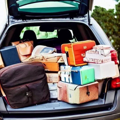 Prompt: a car totally overloaded with hundreds of suitcases and stuff