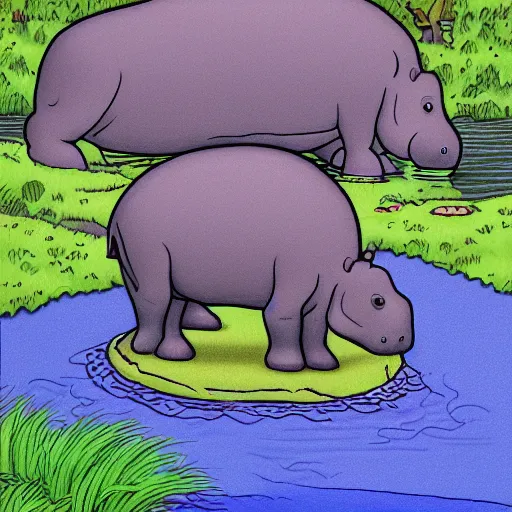 Image similar to sad hippo waking up in a beautiful river landscape, drawing by matt groening, trending on artstation