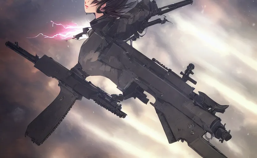 Image similar to highly detailed, high resolution, character design art, stunning, volumetric lightning, realistic guns, girls frontline style, matte, sharp focus, intricate, 150mm, illustration, artstation, by kuvshinov ilya, realistic human anatomy, simple design, realistic military gear, from royal space force the wings of honnêamise movie