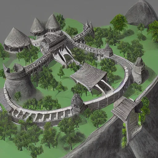 Image similar to a low poly, isometric view of rivendell, highly detailed render