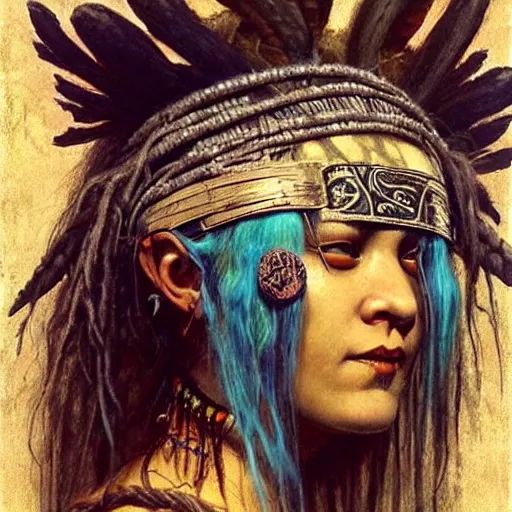 Prompt: A young blindfolded shaman woman with a decorated headband, in the style of heilung, blue hair dreadlocks and wood on her head., made by karol bak ans shaun tan