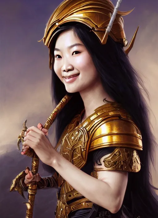 Image similar to Close-up portrait of smiling young asian woman wearing a black armor with skulls and a winged helmet and, holding a magic staff, portrait, fireball, highly detailed, digital painting, artstation, concept art, sharp focus, illustration, art by artgerm and greg rutkowski and alphonse mucha