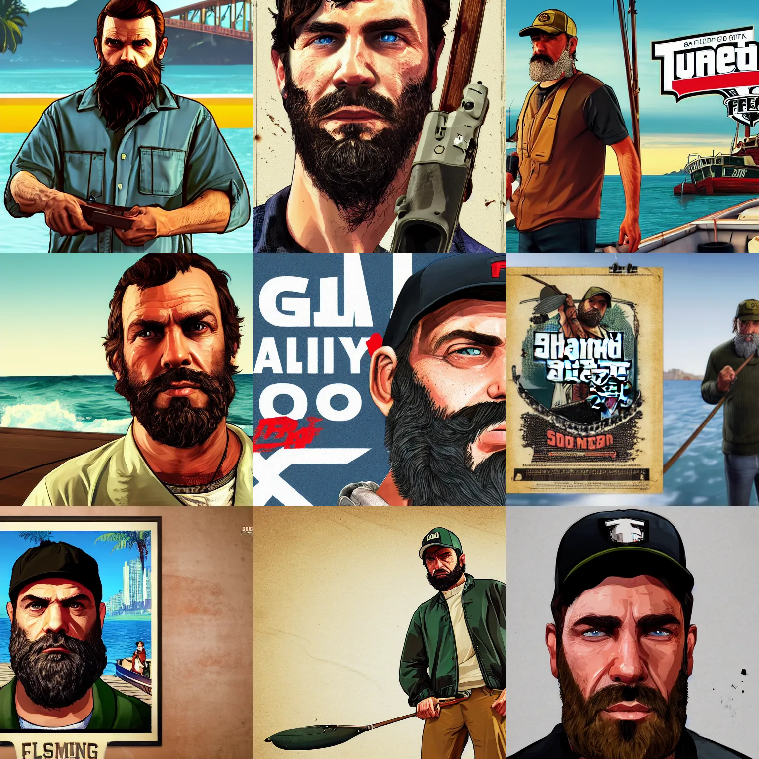 Prompt: 30-year old fisherman with beard, GTA V poster, detailed, closeup