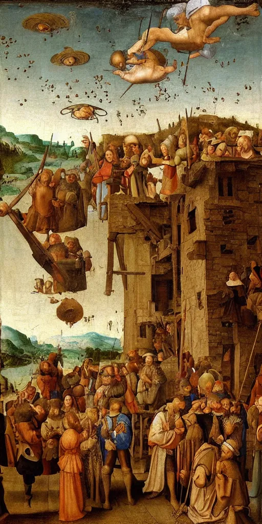 Image similar to painting of medieval peasants watching with joy and surprise and squid fly in the sky above. renaissance painting. art. hyperrealistic. leonardo davinci