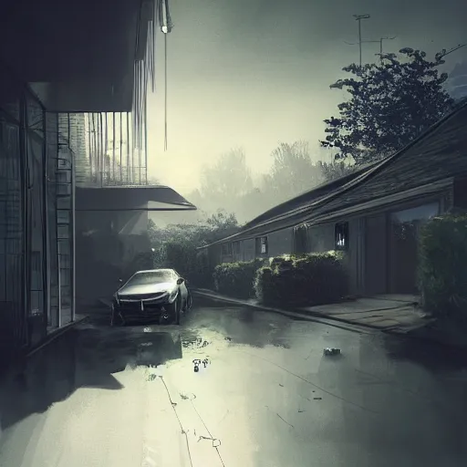 Prompt: a black van parked in front of an expensive modern house in a nice neighborhood, dramatic lighting, illustration by Greg rutkowski, yoji shinkawa, 4k, digital art, concept art, trending on artstation